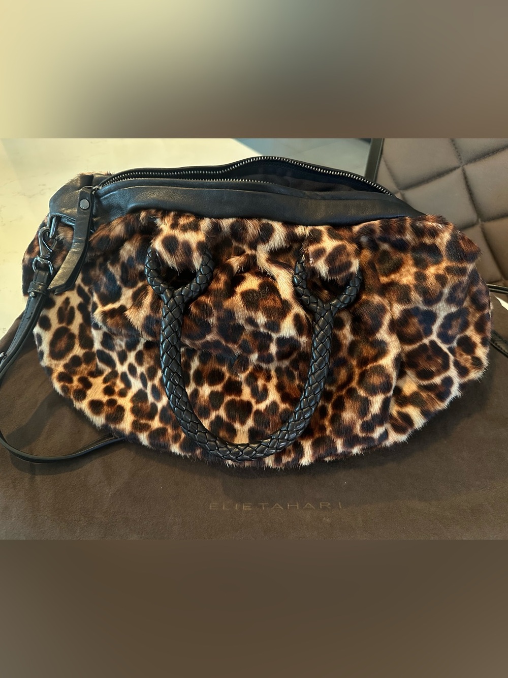 Elie Tahari Leopard Print Leather & Fur Bag